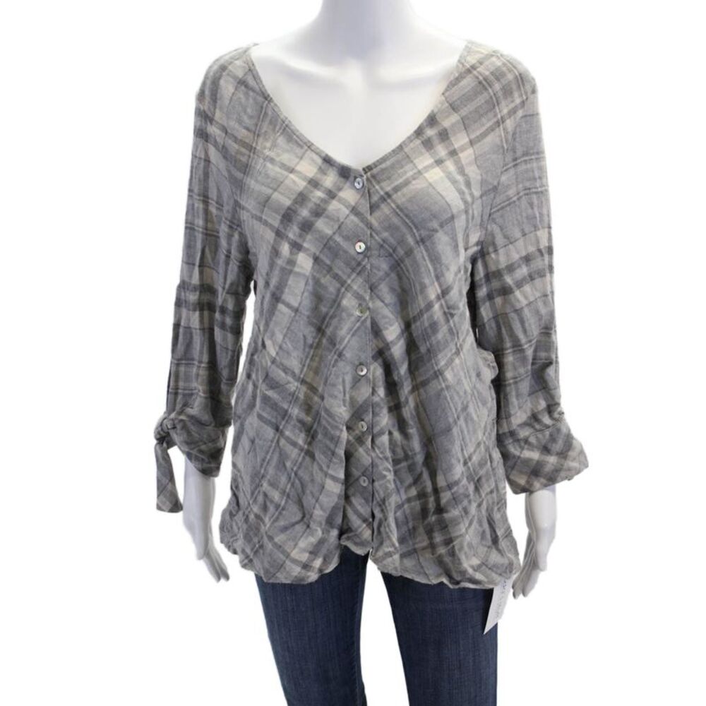 B Collection By Bobeau Womens Plaid Button Down Blouse Gray Beige Size Large